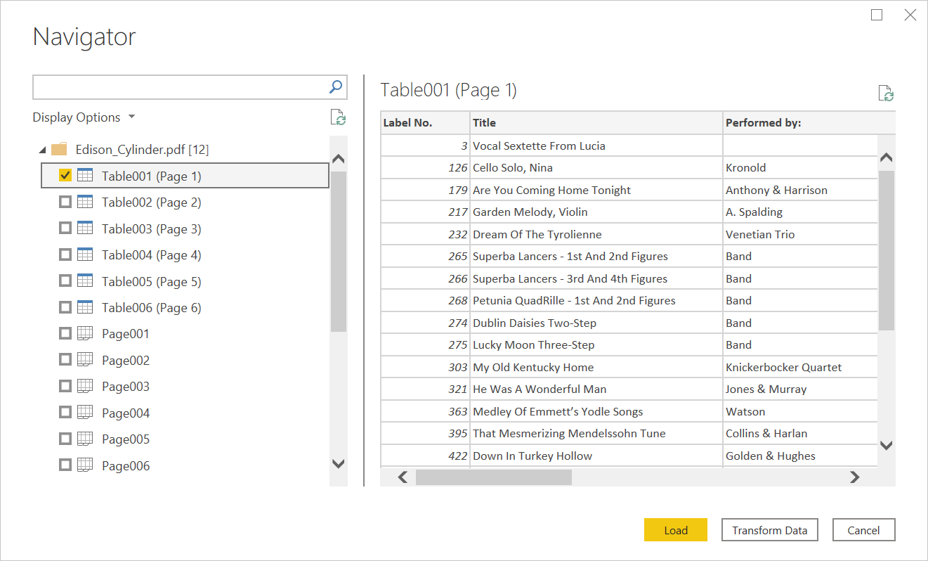 Power Query Desktop のナビゲーターにインポートされた PDF ファイル。