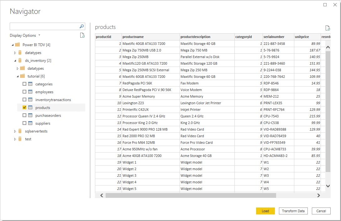 TDV の製品データが表示されている Power Query Desktop の [ナビゲーター]。