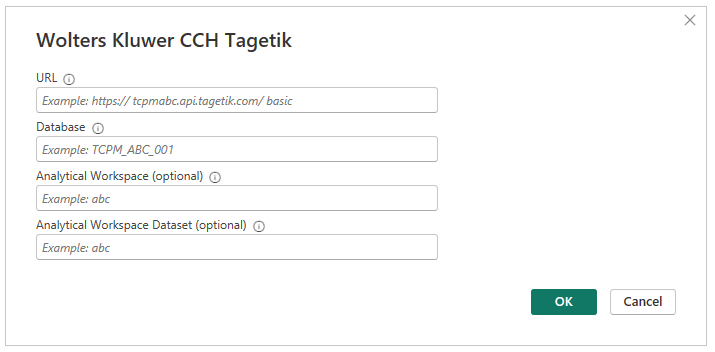 Wolters Kluwer CCH Tagetik コネクタ パラメーター ダイアログのスクリーンショット。