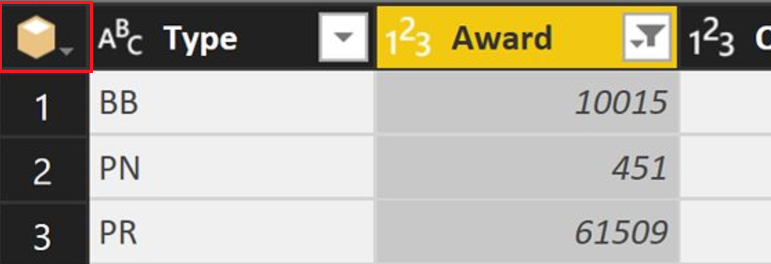 Power Query の現在のビューの左側のスクリーンショット。行番号列の上部にあるキューブ アイコンが強調されています。
