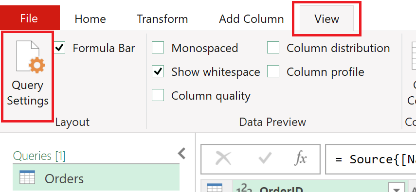 Power Query エディターの左上セクションのスクリーンショット。[表示] タブと [クエリ設定] オプションが強調されています。