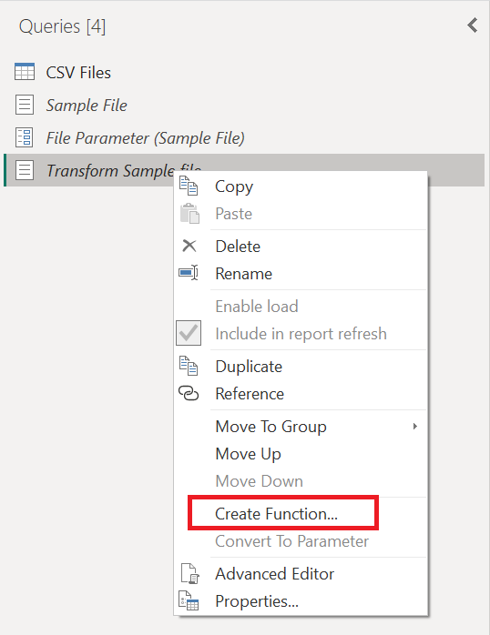 Transform Sample file クエリに使用される [関数の作成] オプションのスクリーンショット。