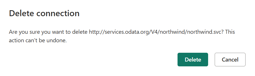 選択した OData 接続の接続を削除するためのダイアログのスクリーンショット。