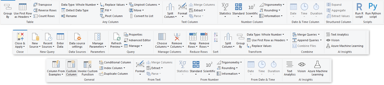 Power Query エディターの [変換]、[ホーム]、および [列の追加] タブにある変換コマンドを示す画像。