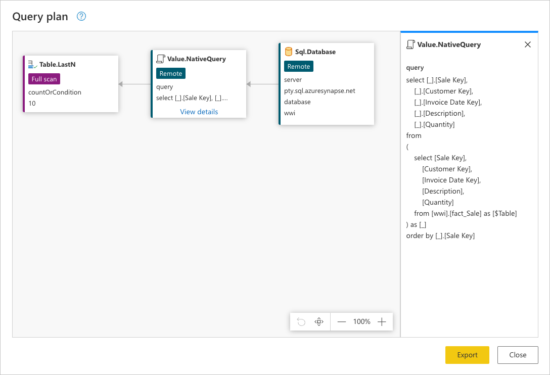 Value.NativeQuery 内の SQL ステートメント。すべてのレコードに対するリクエストを表し、データベース内のfact_Sales テーブルからリクエストされたフィールドのみが Sales Key フィールドで昇順に並べ替えられます。