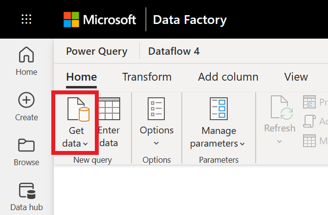 Power Query のワークスペースで [データの取得] オプションが強調されているスクリーンショット。