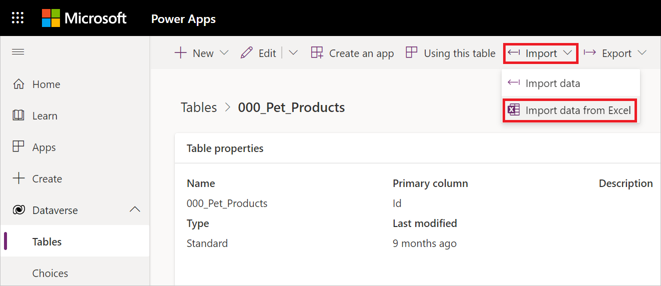 Dataverse テーブルが開き、ペインで個々のテーブルが開き、インポート コンテキスト メニューが開き、Excel からデータをインポートするオプションが強調された画像。