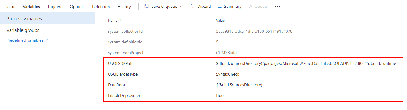 U-SQL プロジェクトの CI/CD MSBuild 変数を定義する