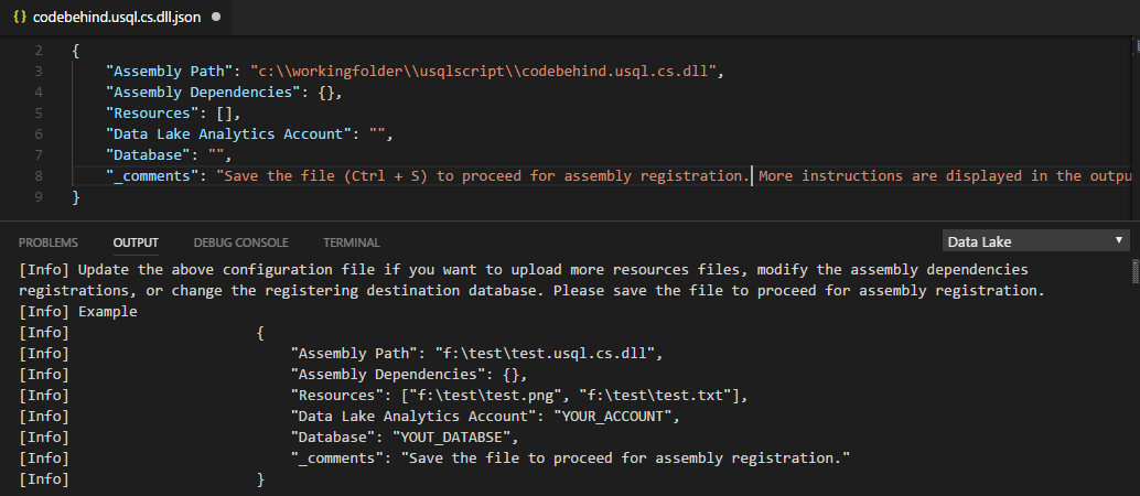 アセンブリの依存関係とリソース パラメーターを使用した JSON file