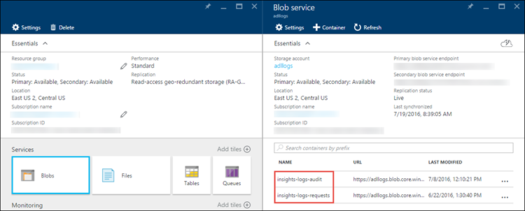 [BLOB] オプションが選択され、[Blob service] ブレードで 2 つの Blob service の名前が強調表示されている、Data Lake Storage Gen1 ブレードのスクリーンショット。