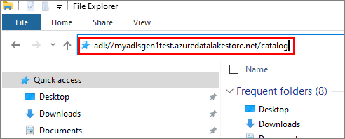 エクスプローラー ウィンドウにコピーされる、Data Lake Storage Gen1 アカウント内のフォルダーの URL を表示します