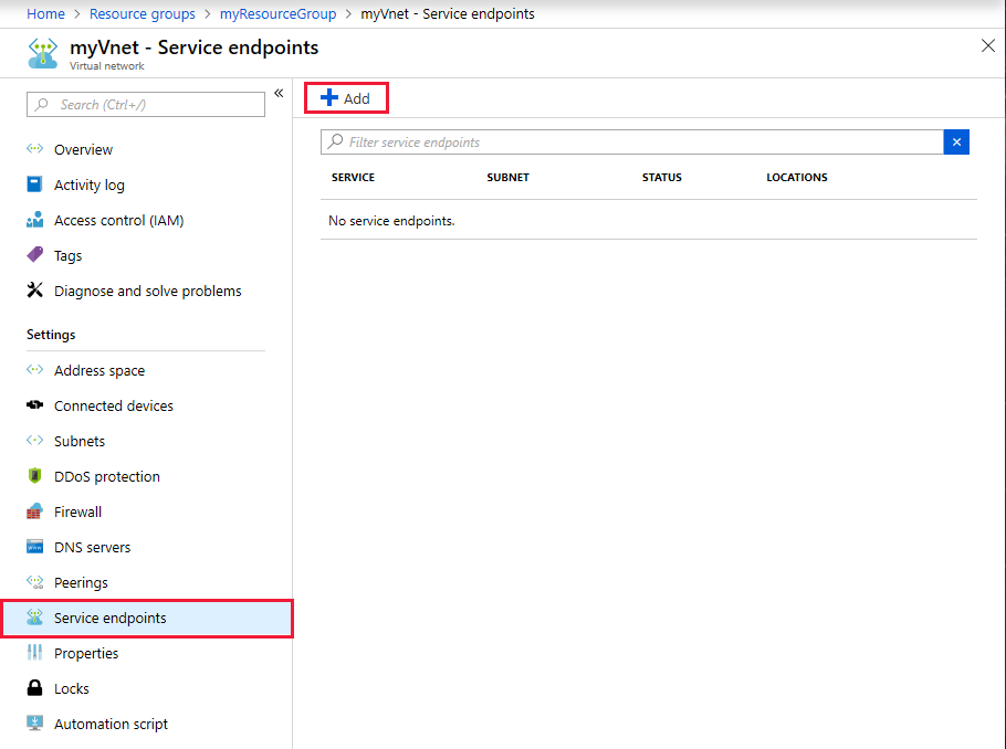 仮想ネットワーク サービス エンドポイントを追加する