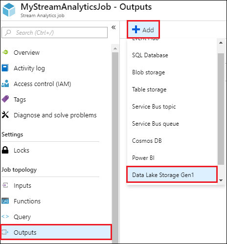 [出力] オプション、[追加] オプション、[Data Lake Storage Gen1] オプションが強調表示されている [Stream Analytics ジョブ] ブレードのスクリーンショット。