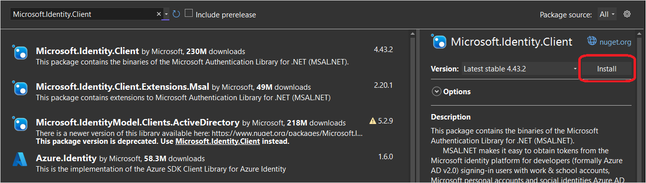 Visual Studio で MSAL NuGet を選択するスクリーンショット。