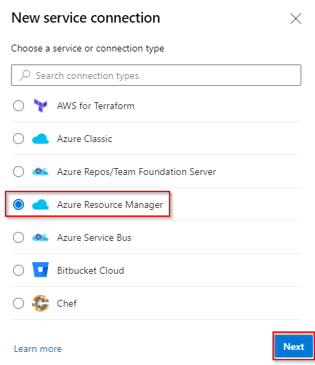 Screenshot showing the service connections types.