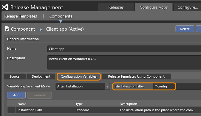 Component, Configuration Variables tab