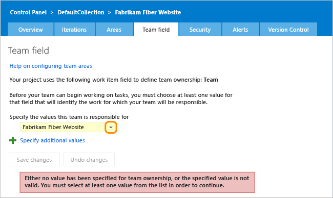 Unconfigured Team field for a project