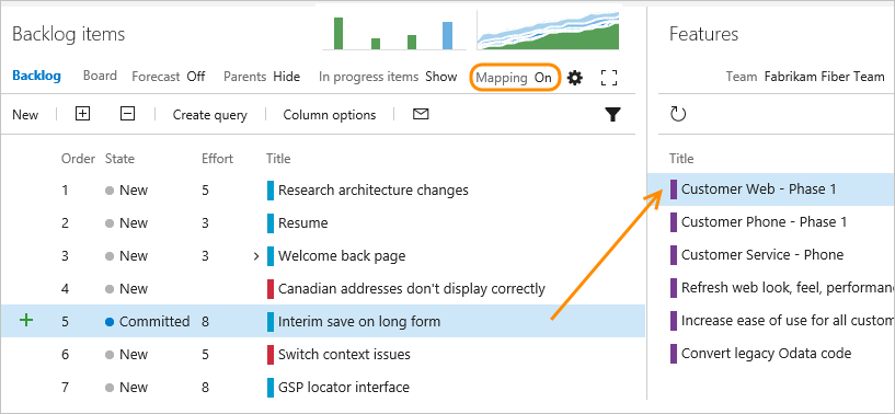 Screenshot of Map a backlog item to a portfolio backlog work item.