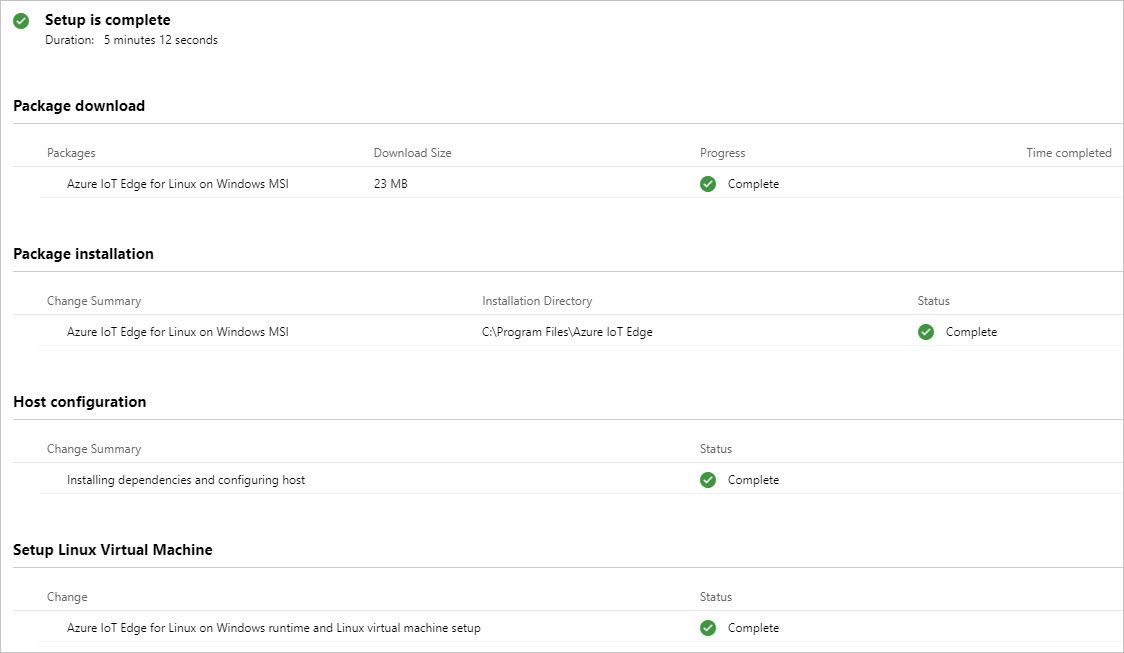 デプロイが成功すると、各ステップに緑色のチェックマークと [Complete]\(完了\) ラベルが表示される (PNG)。