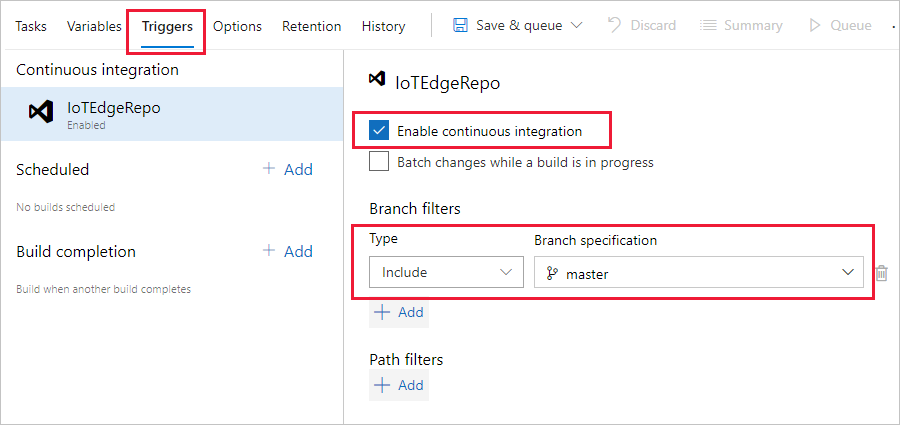 継続的インテグレーション トリガーを有効にする方法を示すスクリーンショット。