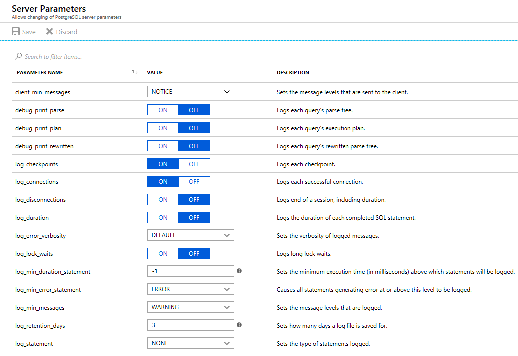 Azure Database for PostgreSQL - Logging parameters