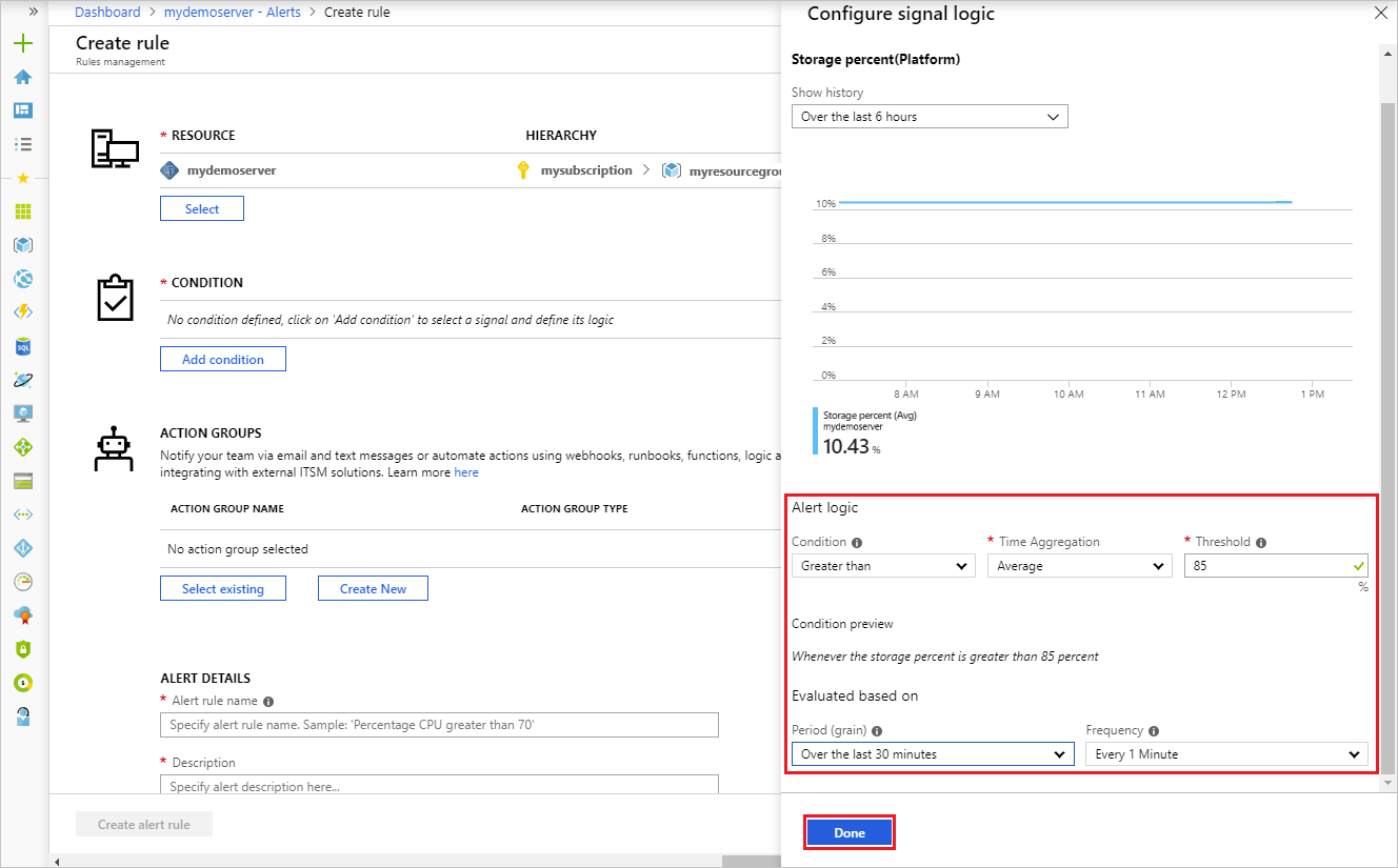 Screenshot that highlights the Alert logic section and the Done button.