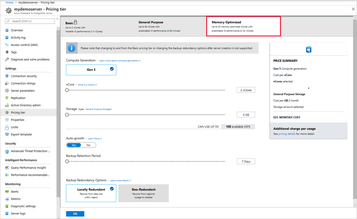 Screenshot of Azure portal to choose Basic, General Purpose, or Memory Optimized tier in Azure Database for PostgreSQL