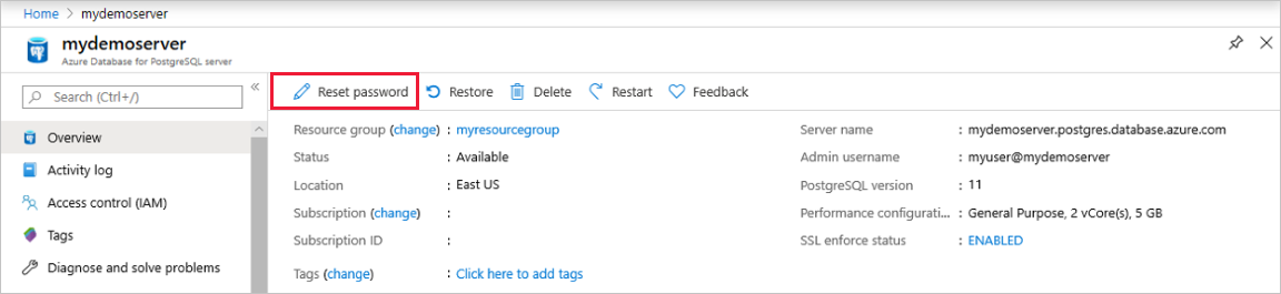 Screenshot of Azure portal to reset the password in Azure Database for PostgreSQL