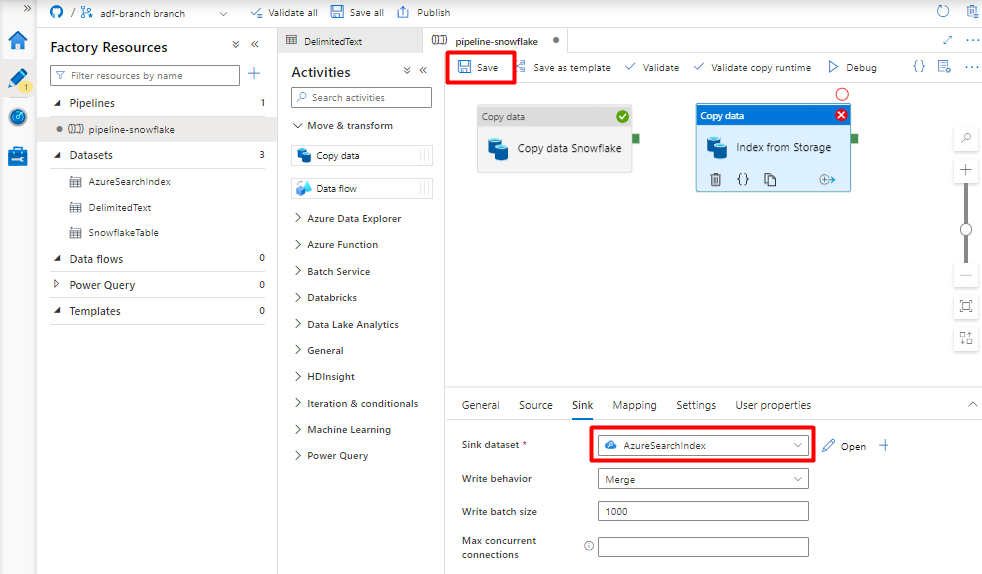 パイプラインの最終ステップとして BLOB ストレージから Azure Cognitive Search インデックスにデータをインポートするようにパイプライン内のシンクを構成する方法を示すスクリーンショット。