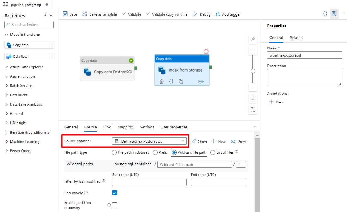 Storage から Azure Cognitive Search インデックスへのインデックス作成用にソースを構成する方法を示すスクリーンショット。