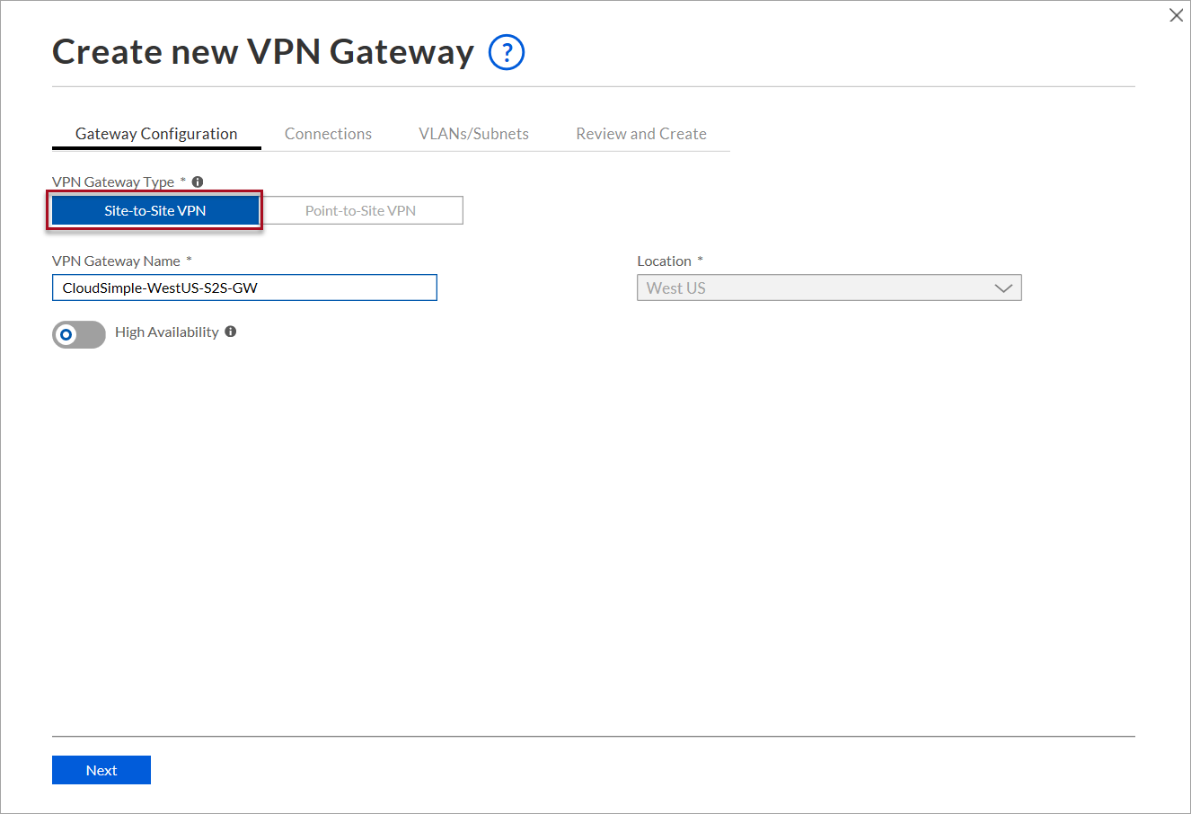 サイト間 VPN ゲートウェイの作成