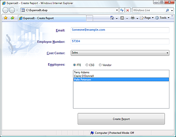ExpenseIt sample screen shot (Create Report page)