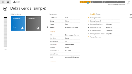 Sales form in CRM for tablets