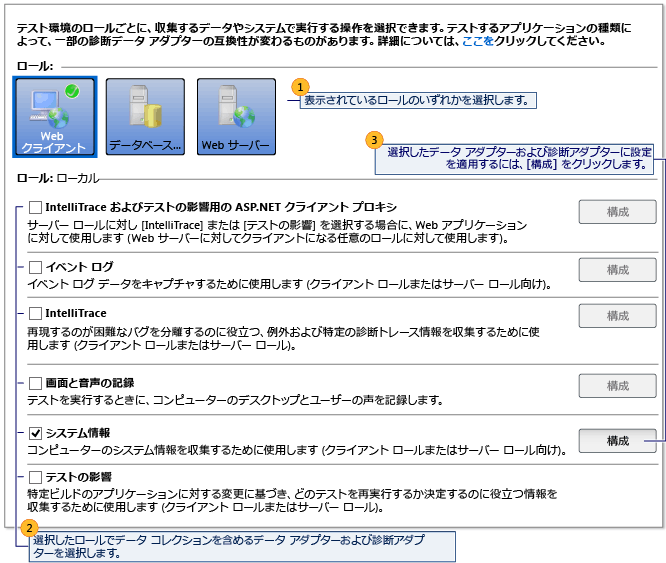 テスト設定のデータと診断ページ