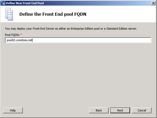 [新しいフロント エンド プール ウィザードの FQDN の定義] ページ