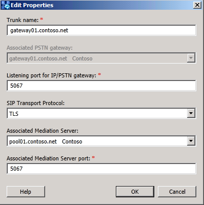 トランク用 PSTN ゲートウェイ ピアのプロパティ設定 トランク用