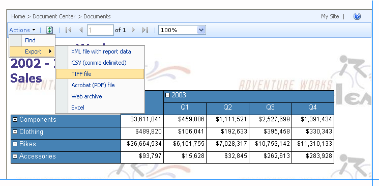 ツール バーとレポートを持つレポート ビューア Web パーツ