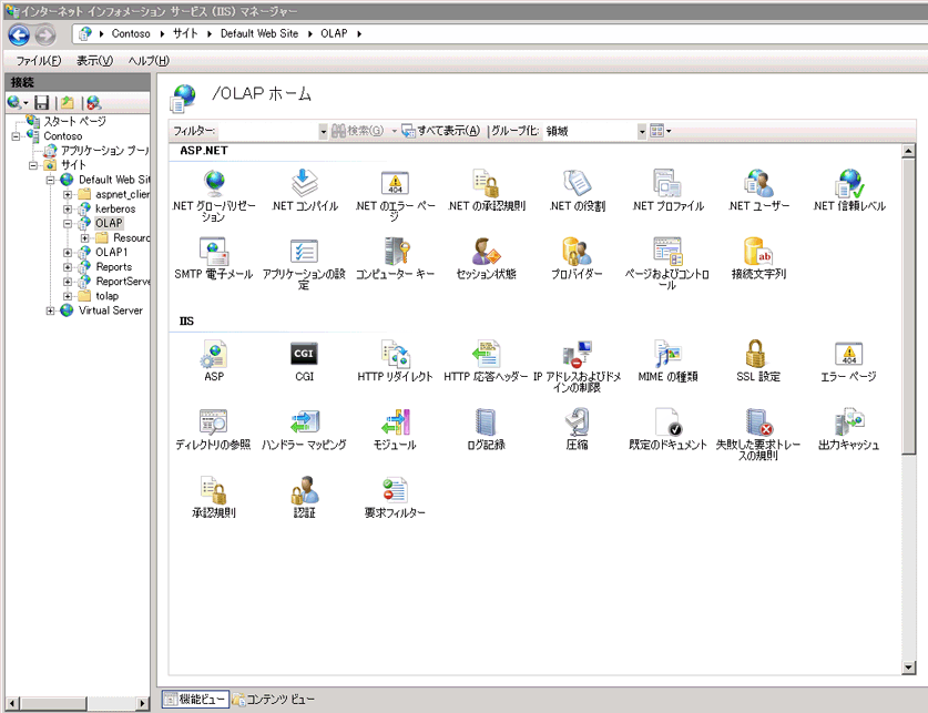 IIS マネージャー メイン ページのスクリーンショット