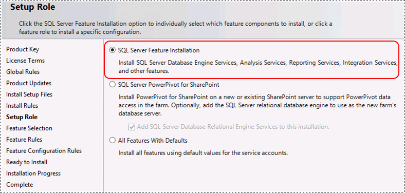 セットアップ ロールの SQL Server 機能のインストール