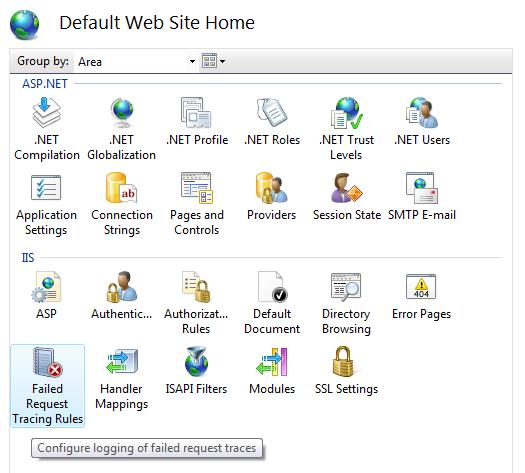 [既定の Web サイトホーム] ウィンドウと [失敗した要求トレースルール] が選択されているスクリーンショット。