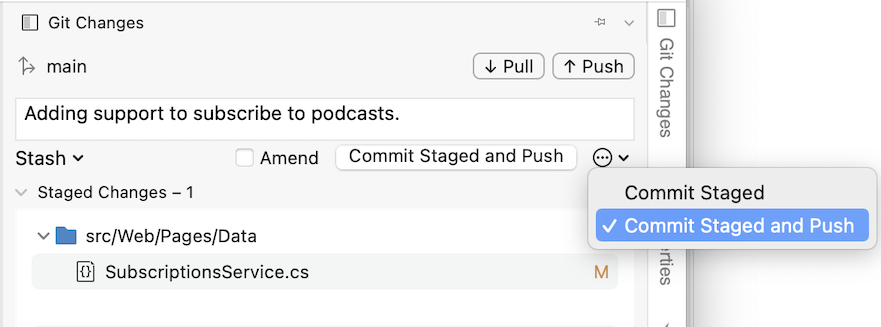 Screenshot of the git Changes window open, showing a ... menu open with a Commit Staged and Push item highlighted.