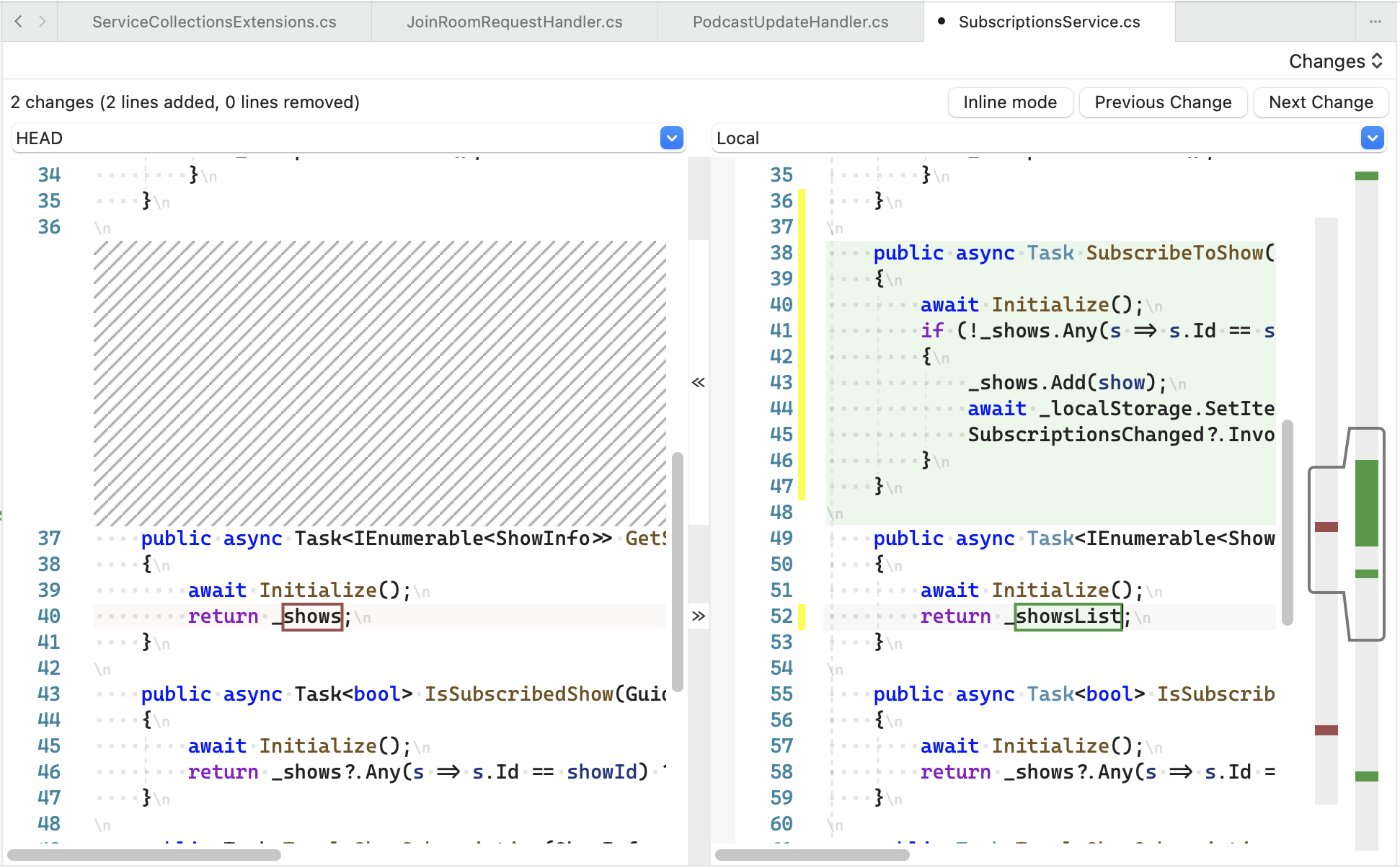 A screenshot of the comparison view, showing line-by-line differences in changed files.