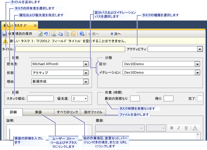 タスクの作業項目フォーム