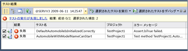 失敗したテストの結果