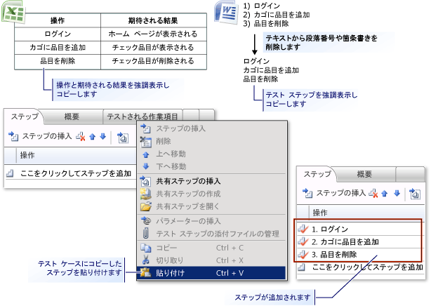 Microsoft Excel または Word からのテスト ステップの追加