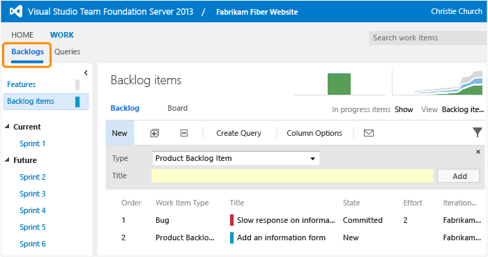 Backlog page with work items in priority order