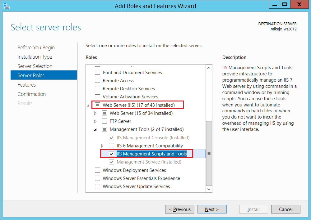 The Web Server IIS role is selected in the Select server roles step.