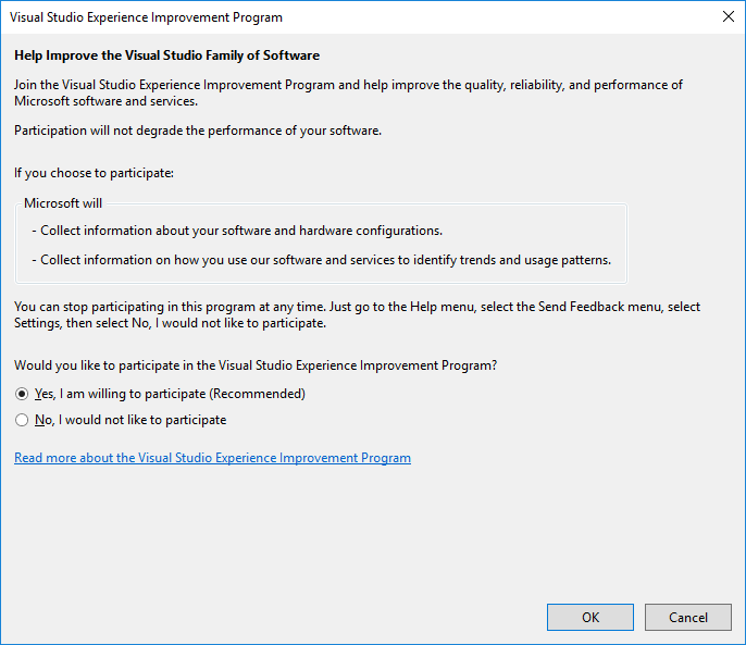 Visual Studio Experience Improvement Program dialog