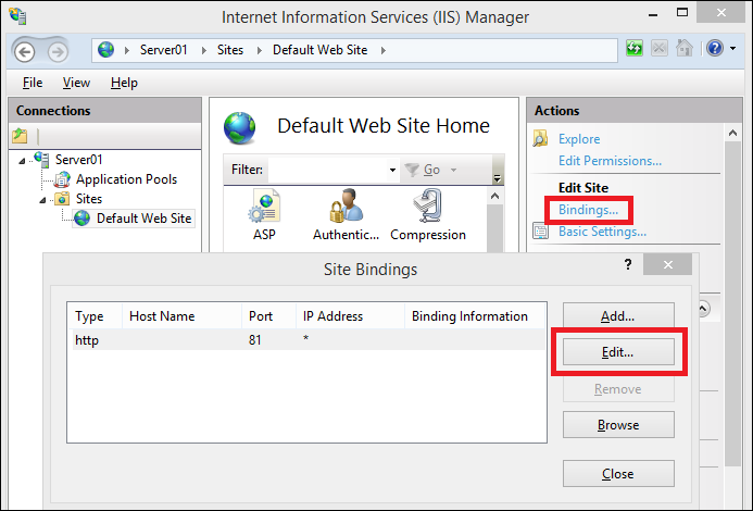 IIS Manager, editing website bindings.