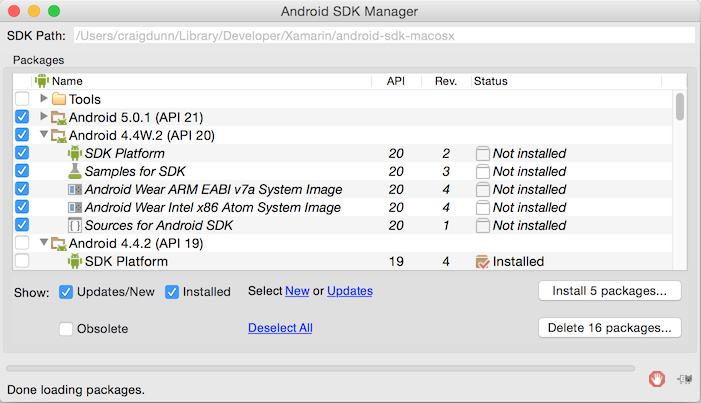 Android 4.4 および 5.0.1 コンポーネントを有効にする SDK マネージャーの例のスクリーンショット